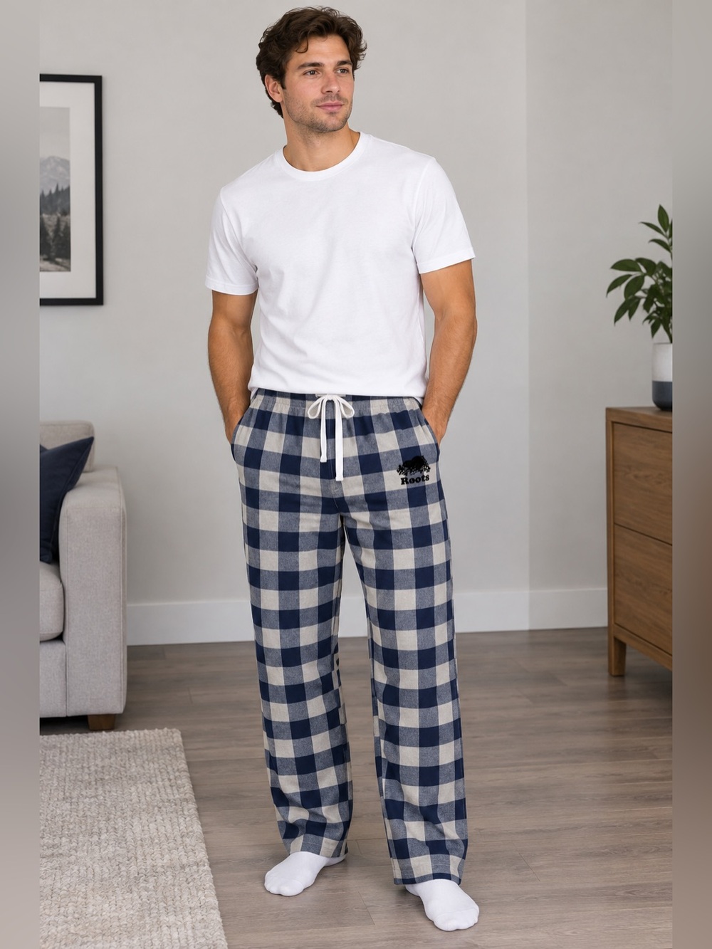 Roots Navy and Cream Check Sweatpants